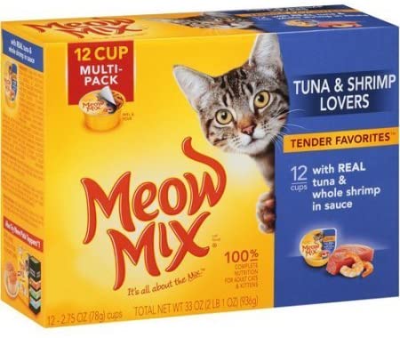 Image of Meow Mix Tuna & Shrimp Lovers Tender Favorites 1-Pack with 12 Cups with Real Tuna & Whole Shrimp in Sauce (1- Pack 12 Cups