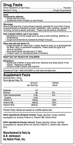 Image of Honees Honey Lemon Menthol Cough Drops, 20 Count Bag, Package may vary