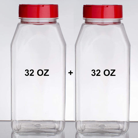 Image of Set of 2 Spice Jars - 32 Onces Plastic General Use Storage Containers - with Red Dual Shake Lid