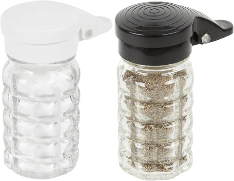 Image of Tablecraft Moisture Proof Salt & Pepper Shakers - 1.5 Oz - Glass w/Black & White Lids Spring Loaded, No Clog, Set of 2