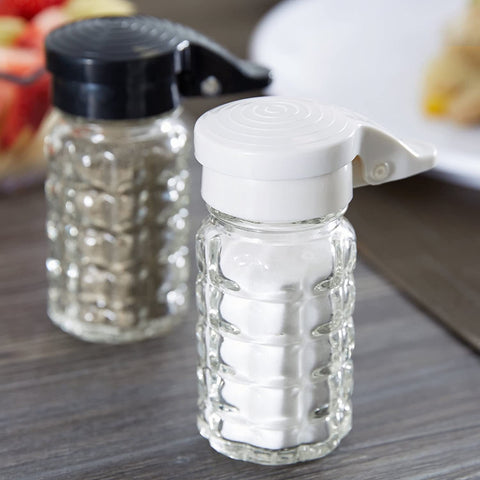 Image of Tablecraft Moisture Proof Salt & Pepper Shakers - 1.5 Oz - Glass w/Black & White Lids Spring Loaded, No Clog, Set of 2