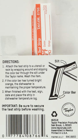 Image of Taylor Precision 8766 TempRite Dishwasher Temp Strip - 25 / PK