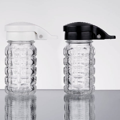 Image of Tablecraft Moisture Proof Salt & Pepper Shakers - 1.5 Oz - Glass w/Black & White Lids Spring Loaded, No Clog, Set of 2