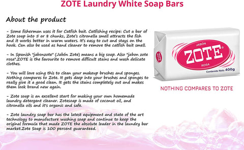 Image of Zote Laundry Soap Bar, Stain Remover Laundry Detergent for Clothes, Catfish Bait, Super Washing Travel Jabon Para Lavar Ropa, Pink Underwear Clothes Washing Soap (400 grams), Pack of 2