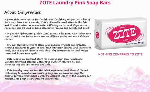 Image of Zote Laundry Soap Bar, Stain Remover Laundry Detergent for Clothes, Catfish Bait, Super Washing Travel Jabon Para Lavar Ropa, Pink Underwear Clothes Washing Soap (400 grams), Pack of 2