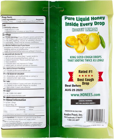 Image of Honees Honey Lemon Menthol Cough Drops, 20 Count Bag, Package may vary