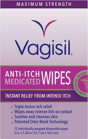 Image of Vagisil Anti-Itch Medicated Wipes, Maximum Strength 12 ea (Pack of 3)