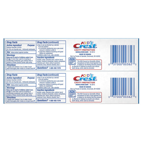Image of Crest Kid's Cavity Protection Toothpaste for Kids (children and toddlers 2+), Sparkle Fun Flavor, 4.6 ounces, Pack of 2