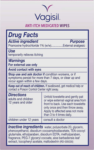 Image of Vagisil Anti-Itch Medicated Wipes, Maximum Strength 12 ea (Pack of 3)