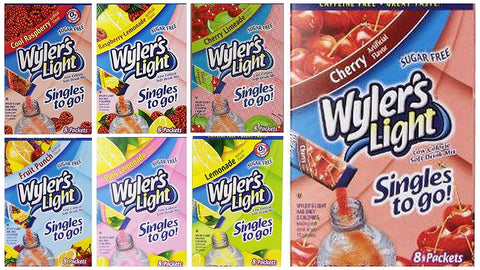Image of Wyler's Light Singles to Go Bundle, 8 packet/box (Pack of 7) includes 8-Packets Pink Lemonade, Fruit Punch, Cherry Limeade, Cool Raspberry, Cherry, Raspberry Lemonade, Lemonade (56 PACKETS)
