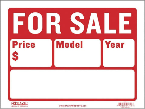 Image of BAZIC 9" X 12" for Sale Sign for Car and Auto Sales (2-Line) (S-2) (3)