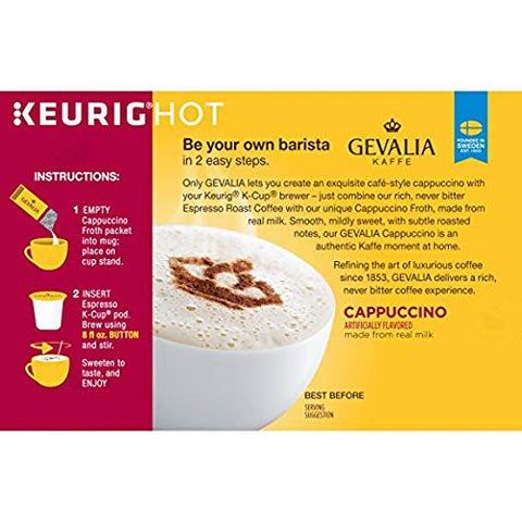 Image of Gevalia Cappuccino Keurig K Cup Pods with Froth Packets (18 Count, 3 Boxes of 6)