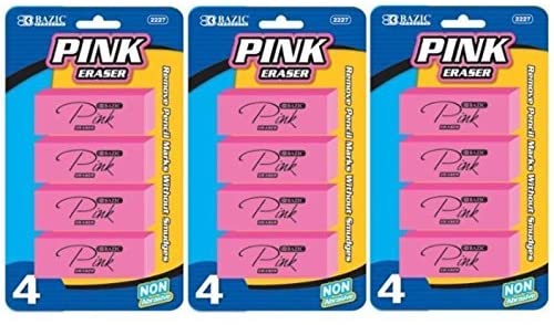 Bazic 3 Pk, BAZIC 4ct Pink Bevel Eraser, 3-Pack