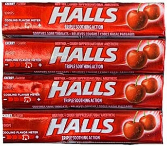 Halls Triple Soothing Action Drops | Cherry Flavor Cough Drops | Menthol Cough Suppressant and Oral Anesthetic | 9 Drop Sleeves | Pack of 4 Sleeves