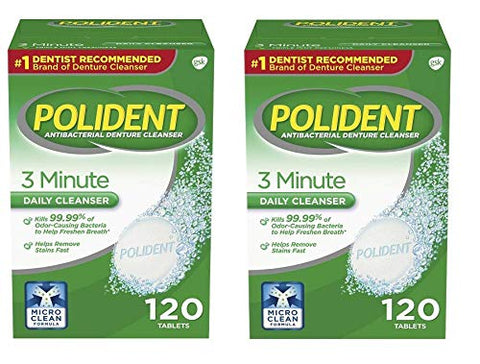 Image of Polident 3 Minute Denture Cleaner Tablets 120 count for Maintaining Good Clean Full/Partial Dentures Mouthguards (2 Packs)