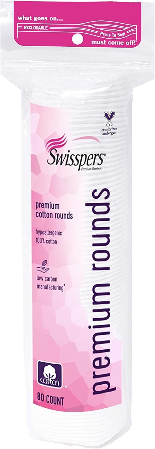 Swisspers Premium 100% Natural Cotton Rounds, Hypoallergenic, Reclosable Bags