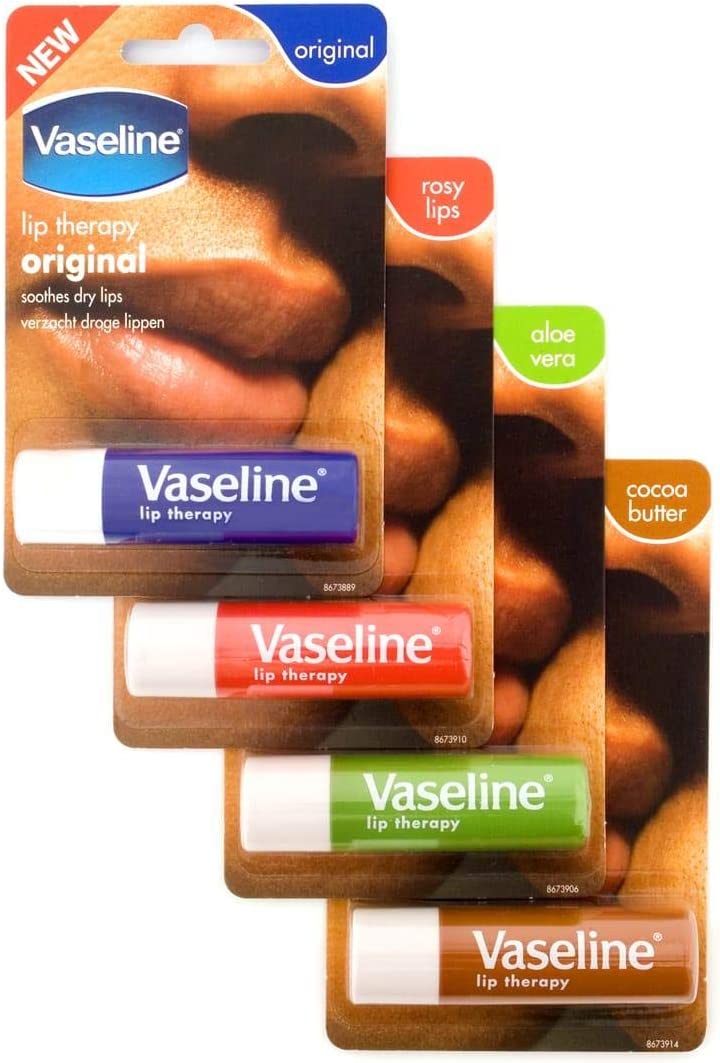 Vaseline Lip Therapy Stick with Petroleum Jelly (Original, Aloe Vera, Rosy Lips, Cocoa Butter)- 4pk