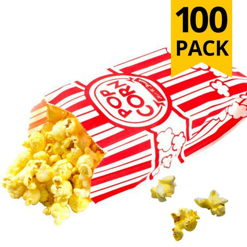 Image of Carnival Style Paper Popcorn Bags, 1oz bags, Red & White Striped, Movie Theater Popcorn Bags (100 Pieces)