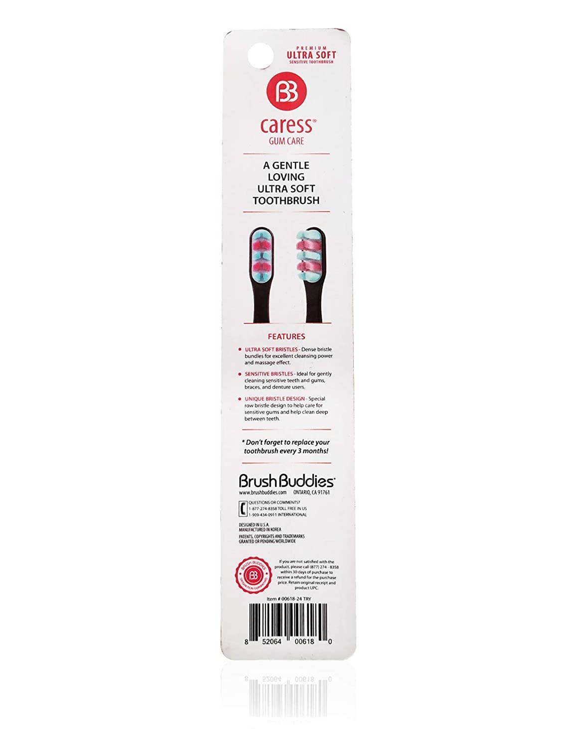 Brush Buddies Caress Toothbrushes with Patented Ultra Soft and Sensitive Bristles 6pk