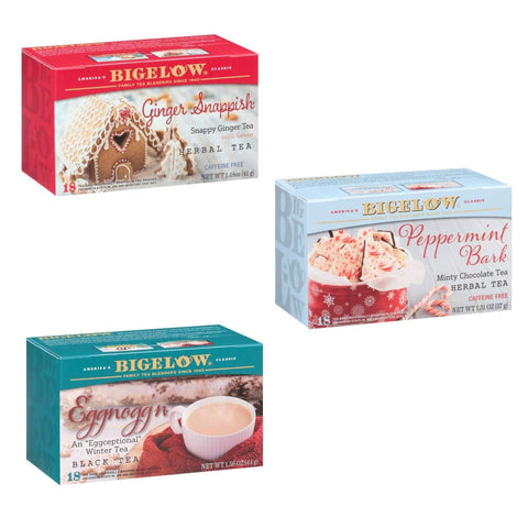 Image of Bigelow Holiday Flavors Tea Bundle - 3 Items: 1 Box each: Eggnogg'n, Ginger Snappish, and Peppermint Bark Flavors