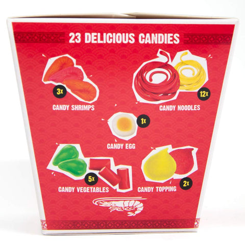 Image of Raindrops Gummy Candy Noodles Takeout Box with 6 Kinds of Candies - Yummy Shrimp, Egg, Vegetables and Toppings Made from Gummies, Ropes and Marshmallows - Fun and Unique Candy Gifts (1 Box)
