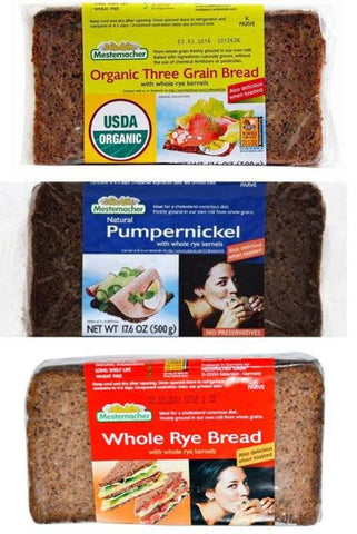 Image of Mestemacher Natural High Fiber Bread 3 Flavor Variety Bundle: (1) Mestemacher Organic Three Grain Bread, (1) Mestemacher Pumpernickel Bread, and (1) Mestemacher Whole Rye Bread, 17.6 Oz. Ea. (3 Total)