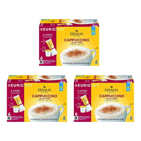 Image of Gevalia Cappuccino Keurig K Cup Pods with Froth Packets (18 Count, 3 Boxes of 6)