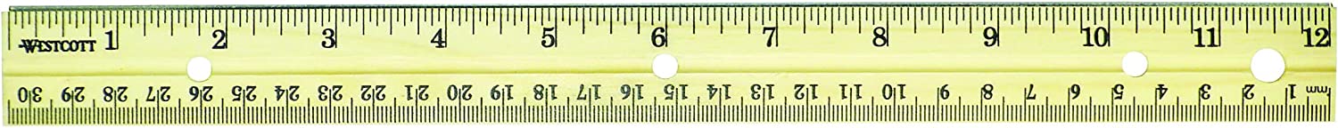 Westcott Hole Punched Wood Ruler English and Metric With Metal Edge, 12 Inches