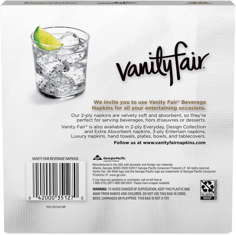 Vanity Fair Entertain Paper Napkins, Beverage Cocktail Size, Classic White, 40 Count (Pack of 12)