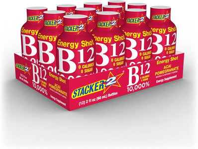 Stacker 2 B12 No Calorie Zero Sugar Energy & Vitamin Shots 2 Fl. Oz. (Pack Of 12) Acai Pomegranate