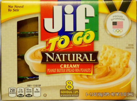 Image of Jif to Go Natural Creamy Peanut Butter 8 individual cups (Pack of 3)