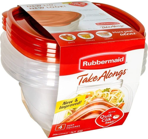 Rubbermaid 071691423140 TakeAlongs Deep Square Food Storage Containers, 5.2 Cups, 4 Pack, Tint Chili Red