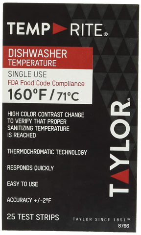 Image of Taylor Precision 8766 TempRite Dishwasher Temp Strip - 25 / PK