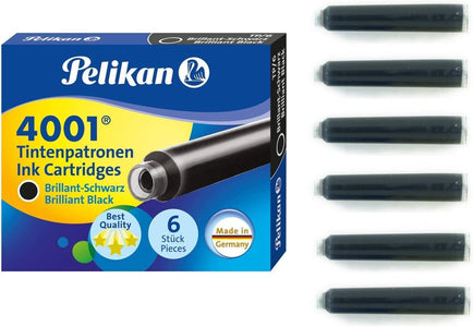 Pelikan 4001 TP/6 Ink Cartridges for Fountain Pens, Brilliant Black, 0.8ml, 6 Pack (301218)