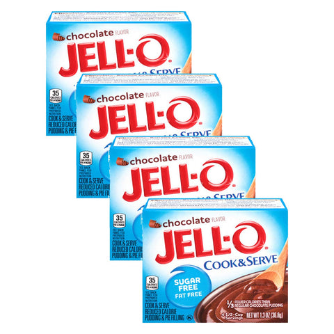 Image of Jell-O Chocolate Pudding, Cook & Serve, Sugar Free, 1.3 oz Box, 4 Packs