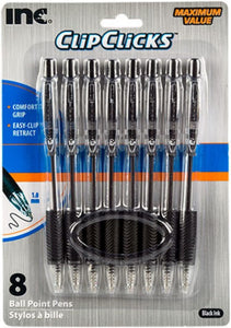 Clip Click Retractable Ball Point Pens, 1.0 mm Black Ink, Set of 8