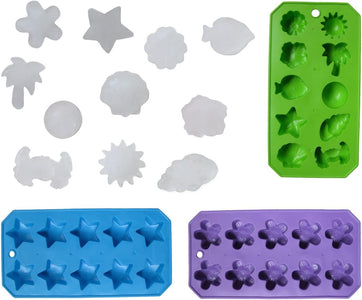 Chef Craft Set of 3 Flexible Shaped Ice Cube Trays. Sun, Star, Flower, Tree and Sealife. Fun Party Combo, Silver