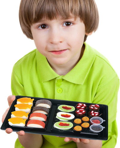 Raindrops Gummy Candy Sushi Bento Box with 6 Kinds of Sushi Rolls and Garnishes - 1 Tray with 21 Sushi Bites of Marshmallows, Licorice, Sour Strips, Gummi Bears and Fish - Fun and Unique Candy Gifts