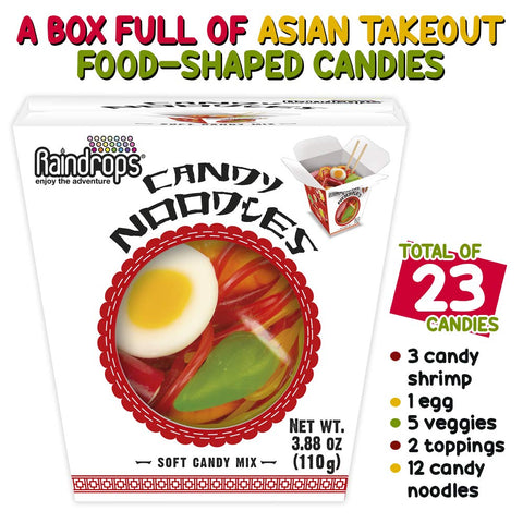 Image of Raindrops Gummy Candy Noodles Takeout Box with 6 Kinds of Candies - Yummy Shrimp, Egg, Vegetables and Toppings Made from Gummies, Ropes and Marshmallows - Fun and Unique Candy Gifts (1 Box)