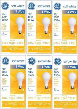 GE 97494 50/100/150 Watt 3-Way Light Bulb with Medium Base, 615/1540/2155 Lumens, A21, Soft White, 6