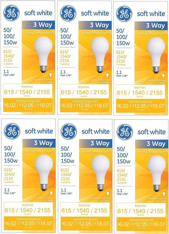 GE 97494 50/100/150 Watt 3-Way Light Bulb with Medium Base, 615/1540/2155 Lumens, A21, Soft White, 6