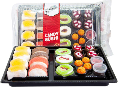 Raindrops Gummy Candy Sushi Bento Box with 6 Kinds of Sushi Rolls and Garnishes - 1 Tray with 21 Sushi Bites of Marshmallows, Licorice, Sour Strips, Gummi Bears and Fish - Fun and Unique Candy Gifts