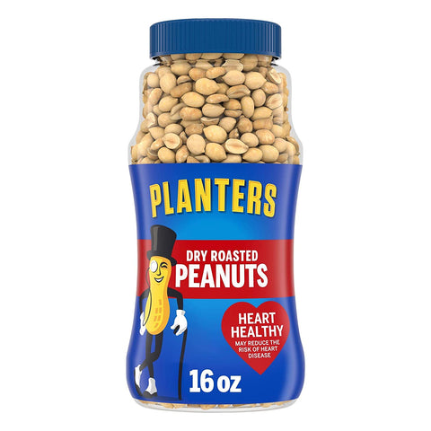 Image of PLANTERS Dry Roasted Peanuts, 16 oz. Resealable Plastic Jars (Pack of 2), Peanuts with Sea Salt, Shareable Snacks, Heart Healthy Snacks for Adults, Great School Snack or Work Snack, Kosher