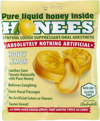 Image of Honees Honey Lemon Menthol Cough Drops, 20 Count Bag, Package may vary