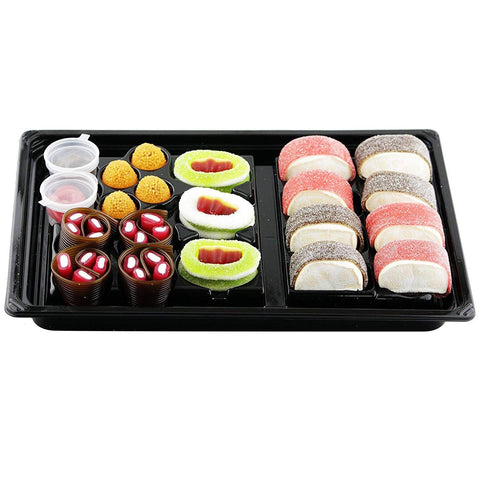 Image of Raindrops Gummy Candy Sushi Bento Box with 5 Kinds of Sushi Rolls and Garnishes - 1 Tray with 21 Sushi Bites of Marshmallows, Licorice, Sour Strips, Gummi Bears and Fish - Fun and Unique Candy Gifts