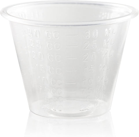 Image of Small Plastic Disposable Medicine Cups: 1 Ounce Measuring/Mixing Cups with Graduated ML, Dram, CC, TBSP & FL OZ Measurement Markings for Pill, Epoxy, Resin & Liquid/Powder Medication - 300 Cup Set