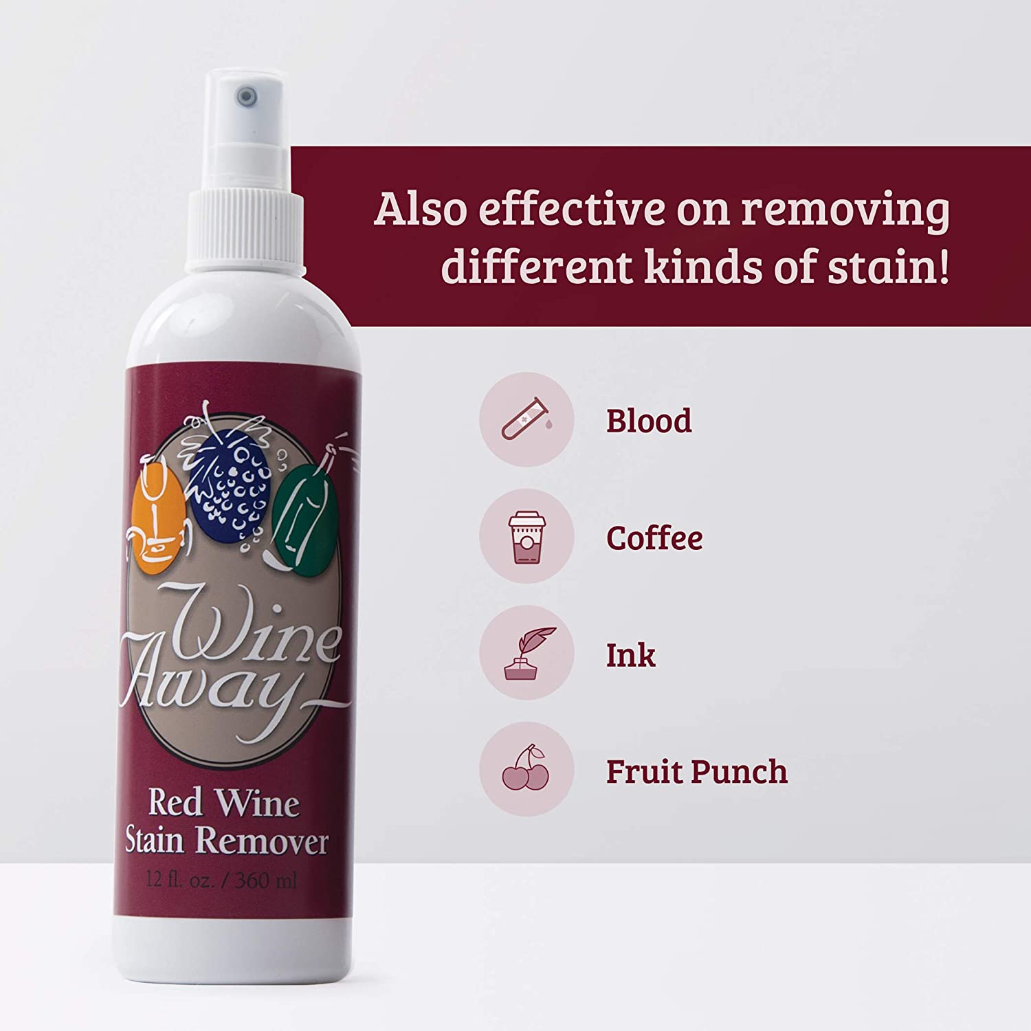 Wine Away Red Wine Stain Remover Spray - Natural Carpet and Upholstery Spot Cleaner - Effectively Removes Blood, Clothes, Coffee, & Pet Stains - Best on Both Fresh & Dried Stains - 12 Oz - Pack of 3