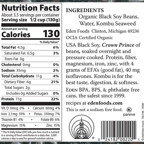 Image of Eden Organic Black Soybeans, 15 oz Can (Pack of 12), Complete Protein, No Salt, Non-GMO, U.S. Grown, Heat and Serve, Macrobiotic, Soy Beans