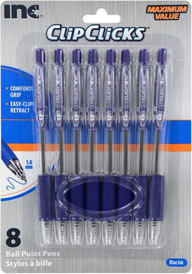 Clip Click Retractable Ball Point Pens, 1.0 mm Blue Ink, Set of 8