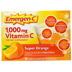Emergen-C (30 Count, Super Orange Flavor, 1 Month Supply) Dietary Supplement Fizzy Drink Mix with 1000mg Vitamin C, 0.32 Ounce Packets, Caffeine Free